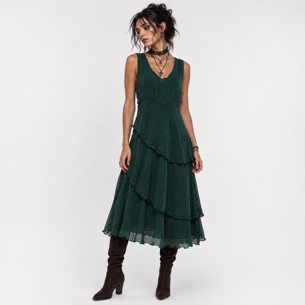 Vintage Click Tiered Midi Dress Womens S Green Cupro Rayon Whimsigoth Boho Y2K